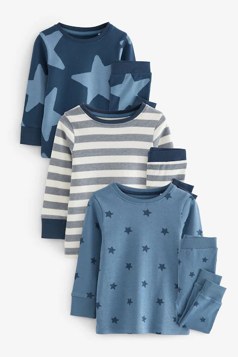 Blue/White Stars 3 Pack Snuggle 100% Cotton Pyjamas