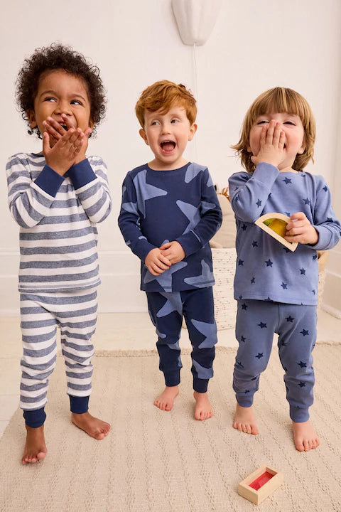 Blue/White Stars 3 Pack Snuggle 100% Cotton Pyjamas