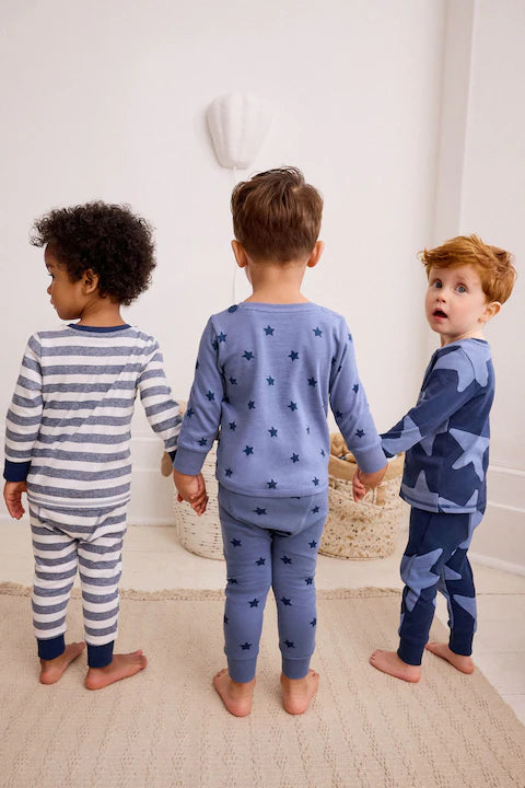 Blue/White Stars 3 Pack Snuggle 100% Cotton Pyjamas