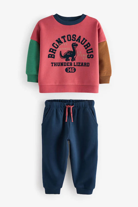 Red/Blue Dinosaur Printed Colour block Sweatshirt and Joggers Set