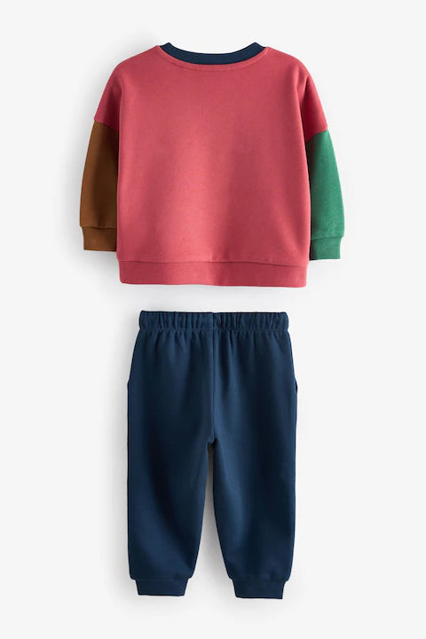 Red/Blue Dinosaur Printed Colour block Sweatshirt and Joggers Set