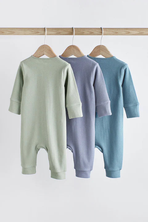 Blue / Grey 100% Cotton Baby Zip Sleepsuits (3 Pack)