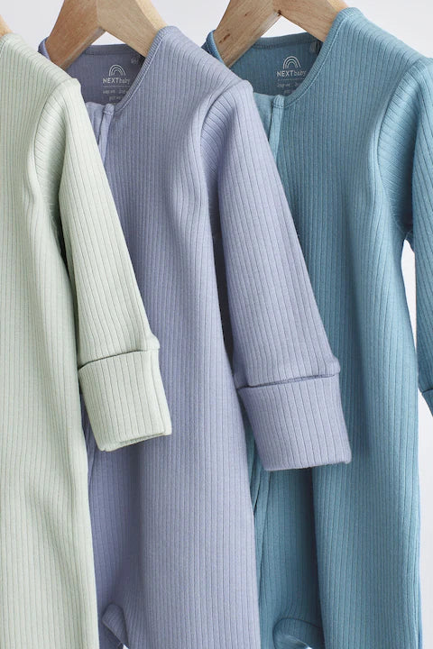 Blue / Grey 100% Cotton Baby Zip Sleepsuits (3 Pack)