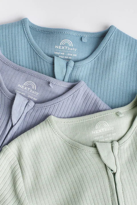 Blue / Grey 100% Cotton Baby Zip Sleepsuits (3 Pack)