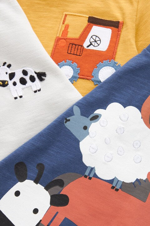 Blue/Ochre Yellow Farm Animals - Long Sleeve Character T-Shirts (3 Pack)