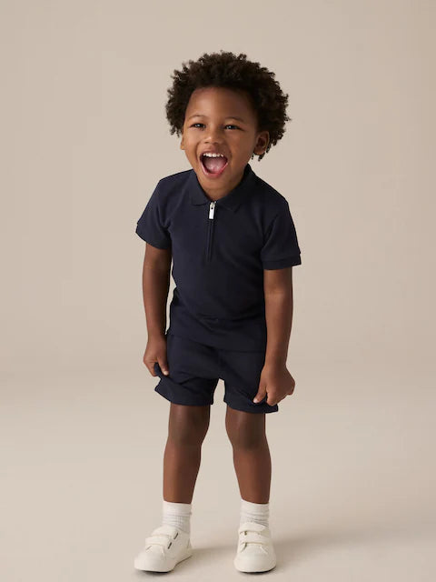 Navy Textured Short Sleeve Zip Neck Polo And Shorts Set