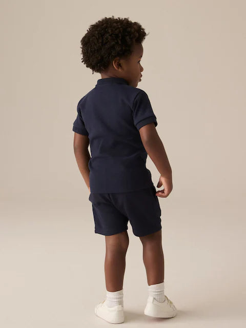 Navy Textured Short Sleeve Zip Neck Polo And Shorts Set