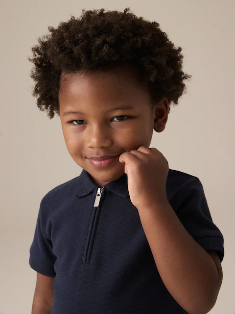 Navy Textured Short Sleeve Zip Neck Polo And Shorts Set