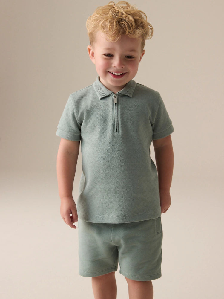 Sage Green Texture Short Sleeve Zip Neck Polo And Shorts Set