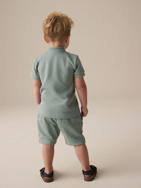 Sage Green Texture Short Sleeve Zip Neck Polo And Shorts Set