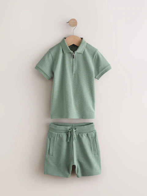 Sage Green Texture Short Sleeve Zip Neck Polo And Shorts Set