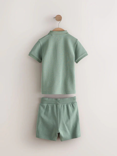 Sage Green Texture Short Sleeve Zip Neck Polo And Shorts Set