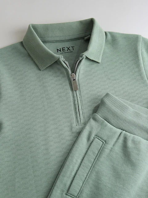 Sage Green Texture Short Sleeve Zip Neck Polo And Shorts Set