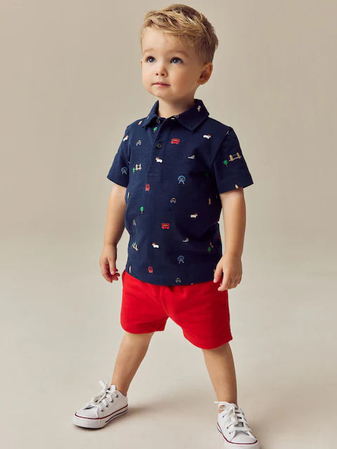 Navy London All Over Print Short Sleeve Polo Shirt And Shorts Set