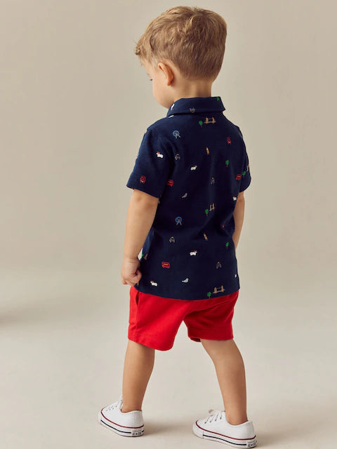 Navy London All Over Print Short Sleeve Polo Shirt And Shorts Set