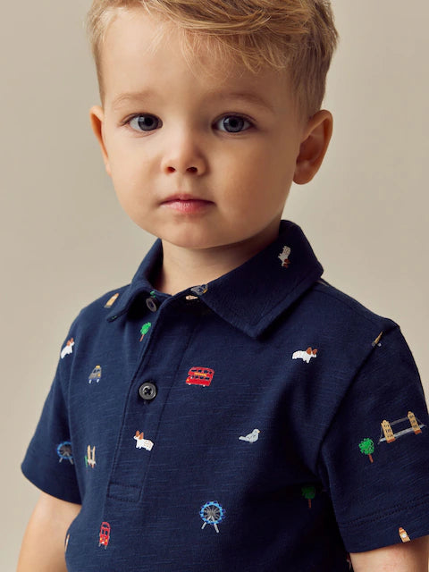 Navy London All Over Print Short Sleeve Polo Shirt And Shorts Set
