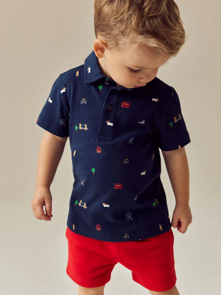 Navy London All Over Print Short Sleeve Polo Shirt And Shorts Set