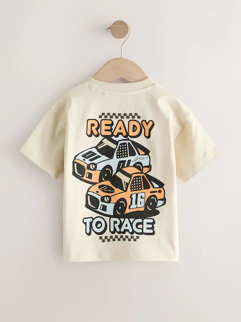 Cream Race Car Short Sleeve Back Print T-Shirt