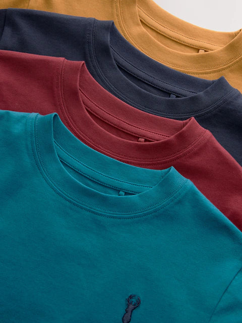 Berry/Navy/Teal/Ochre Short Sleeve Stag Embroidered T-Shirts 4 Pack