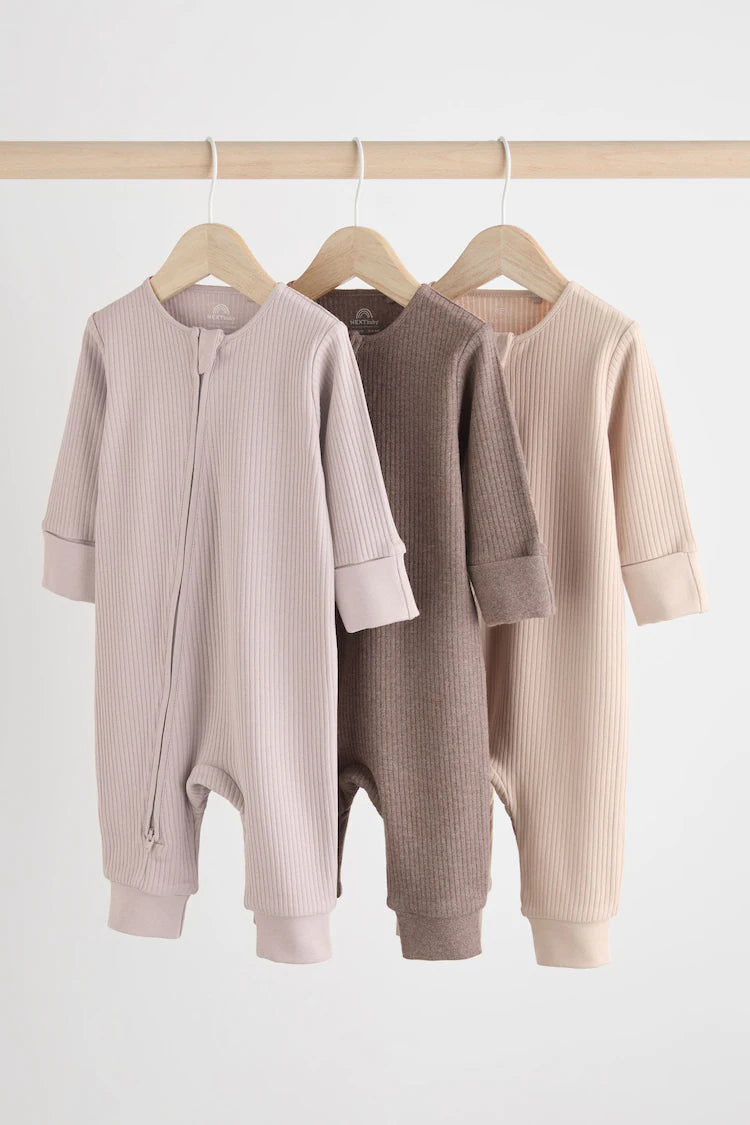 Chocolate Brown 3 Pack Two Way Zip Baby Sleepsuit