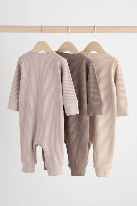 Chocolate Brown 3 Pack Two Way Zip Baby Sleepsuit