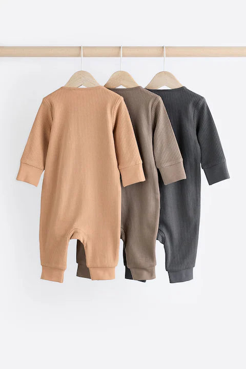 Neutral Tan Brown 3 Pack Baby Sleepsuits