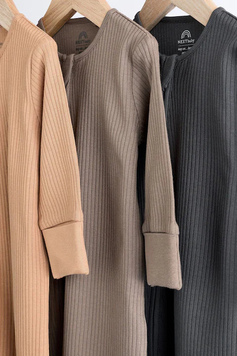 Neutral Tan Brown 3 Pack Baby Sleepsuits