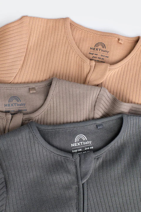 Neutral Tan Brown 3 Pack Baby Sleepsuits