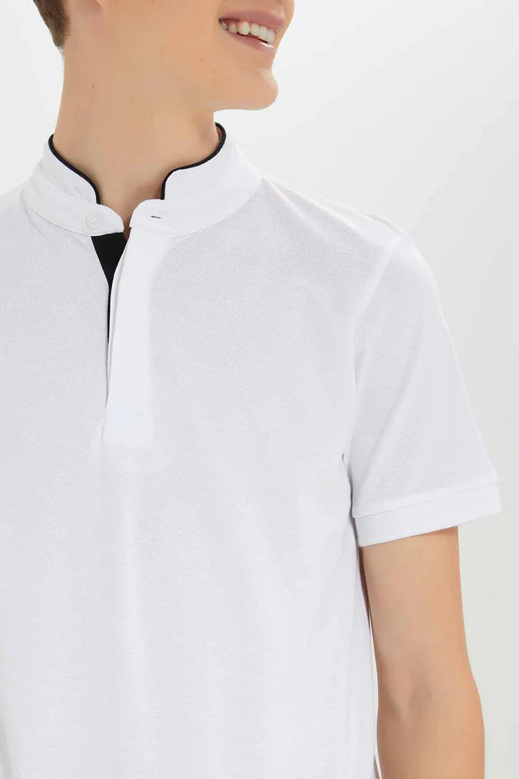 White Mandarin Collar Polo T-Shirt
