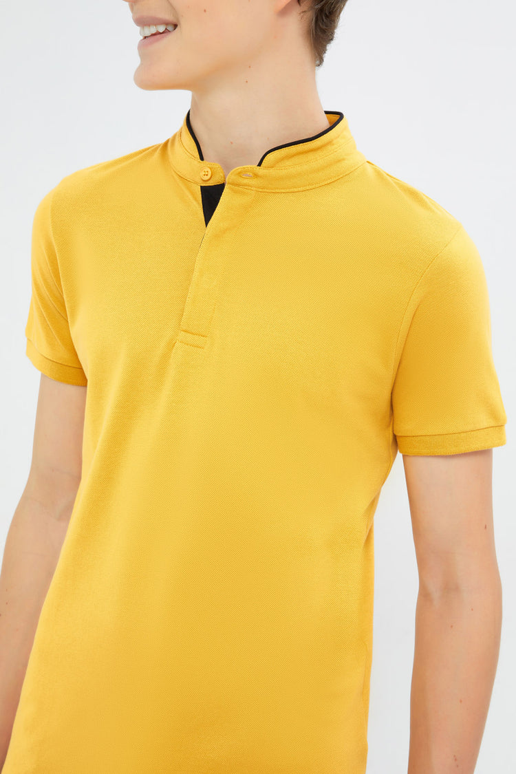 Mustard Mandarin Collar Polo T-Shirt