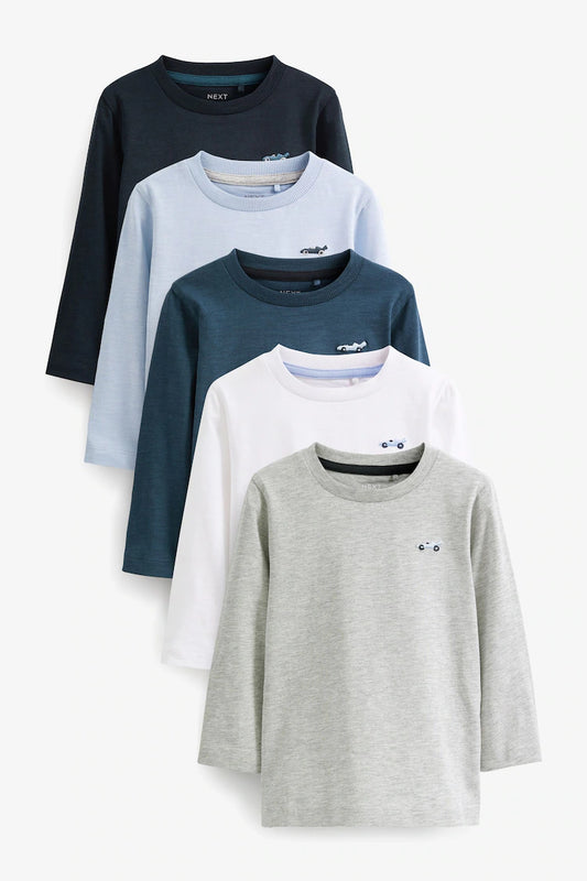 Blue/Navy Long Sleeve 100% Cotton T-Shirts 5 Pack