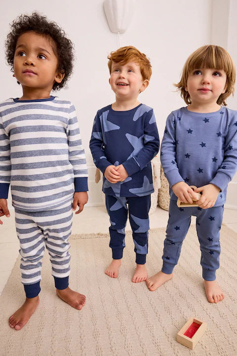 Blue/White Stars 3 Pack Snuggle 100% Cotton Pyjamas