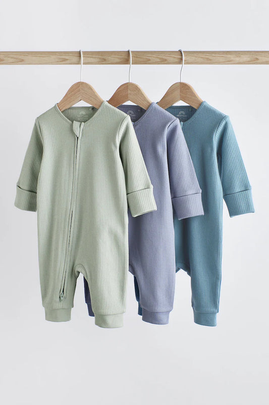 Blue / Grey 100% Cotton Baby Zip Sleepsuits (3 Pack)