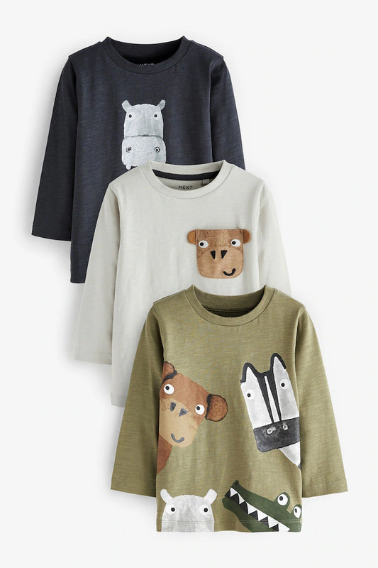 Neutral/Green Animal - Long Sleeve Character T-Shirts (3 Pack)
