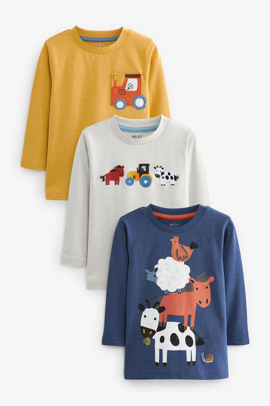 Blue/Ochre Yellow Farm Animals - Long Sleeve Character T-Shirts (3 Pack)
