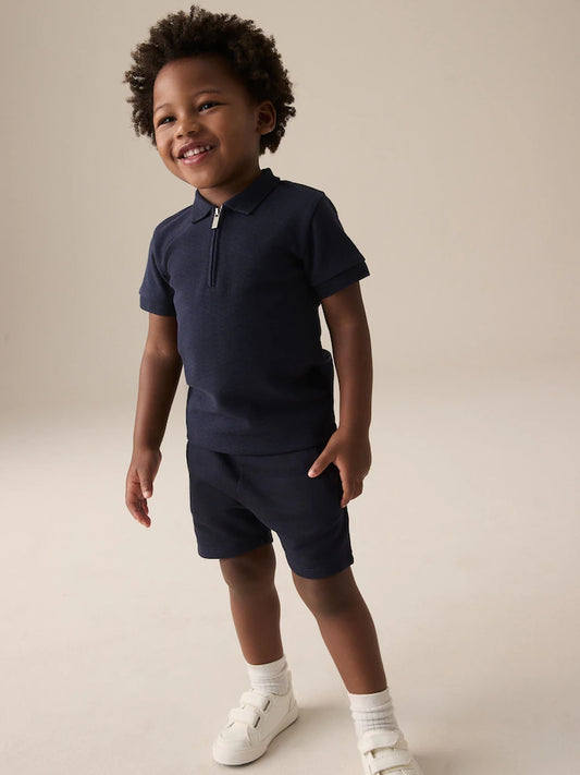 Navy Textured Short Sleeve Zip Neck Polo And Shorts Set