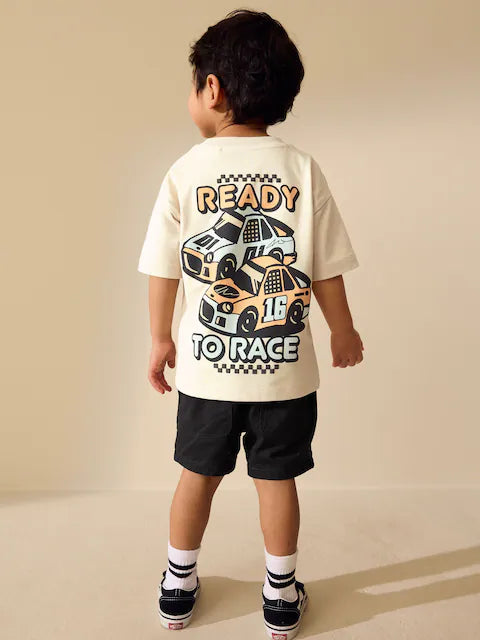 Cream Race Car Short Sleeve Back Print T-Shirt