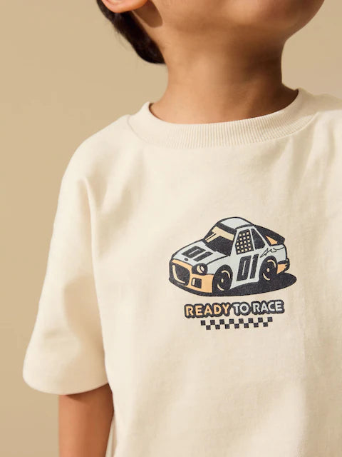 Cream Race Car Short Sleeve Back Print T-Shirt