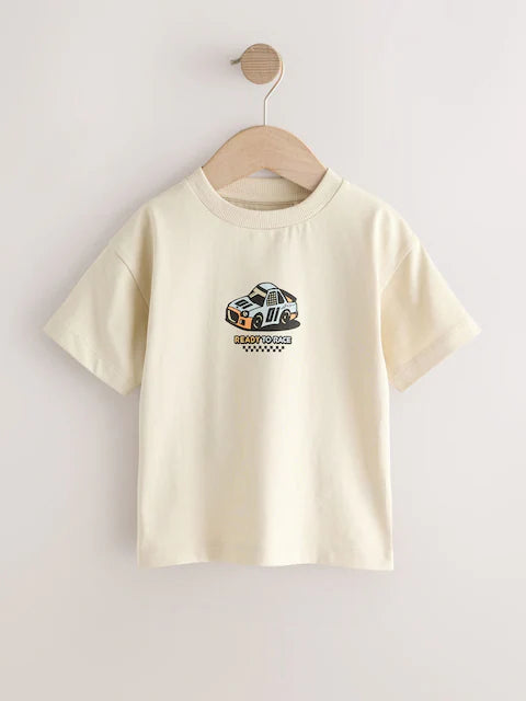 Cream Race Car Short Sleeve Back Print T-Shirt