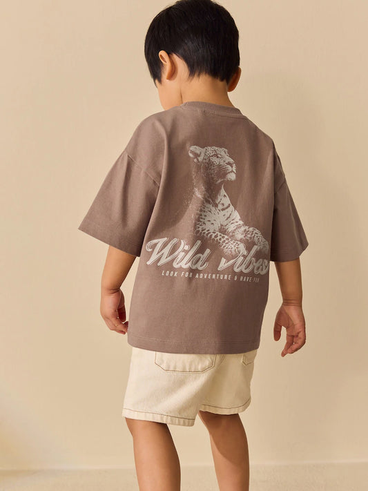 Neutral / Tan Wild Vibes Tiger Short Sleeve Back Print T-Shirt