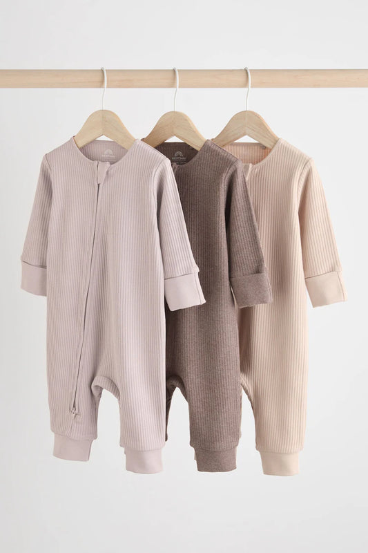 Chocolate Brown 3 Pack Two Way Zip Baby Sleepsuit