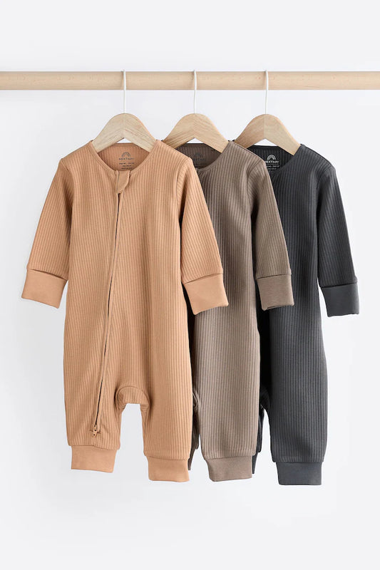 Neutral Tan Brown 3 Pack Baby Sleepsuits