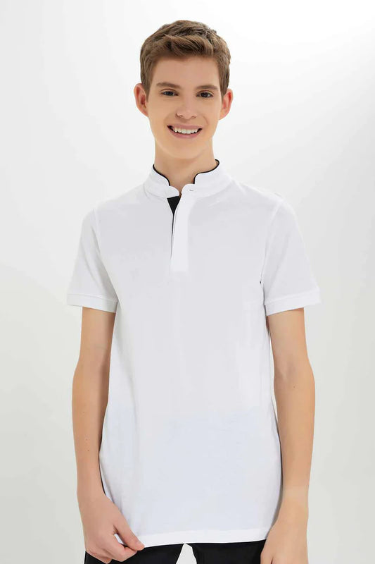 White Mandarin Collar Polo T-Shirt
