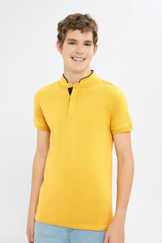 Mustard Mandarin Collar Polo T-Shirt
