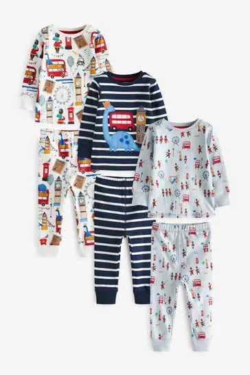 Blue/White London Dino Bus 3 Pack Snuggle Pyjamas
